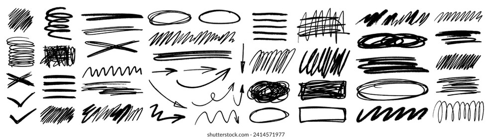 Grunge scrawls, charcoal scribbles, rough brush strokes, underlines, circles. Bold charcoal freehand stripes, ink shapes, arrows, marks. Crayon or marker scribbles. Vector illustration