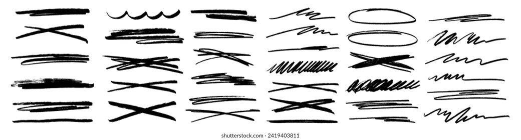 Grunge scrawls, charcoal scribbles, rough brush strokes, underlines strikethroughs. Bold charcoal freehand stripes and ink shapes. Crayon or marker scribbles. Vector illustration