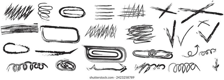 Grunge scrawls, charcoal scribbles, rough brush strokes, underlines, circles. Bold charcoal freehand stripes, ink shapes, arrows, marks. Crayon or marker scribbles. Vector illustration