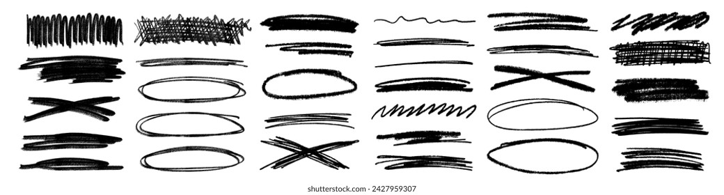 Grunge scrawls, charcoal scribbles, rough brush strokes, underlines and circles. Bold charcoal freehand striketroughts and ink stripe bold shapes. Crayon or marker scribble doodles. Vector