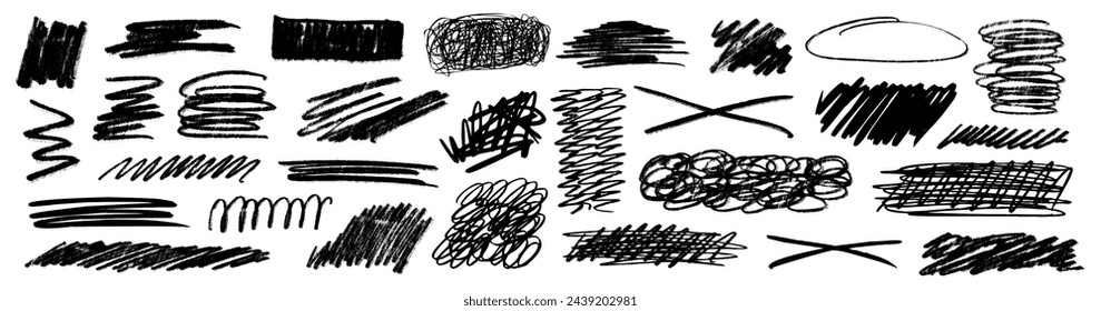 Grunge scrawls, charcoal scribbles, rough brush strokes, underlines and circles. Bold charcoal freehand stripes and ink shapes. Crayon or marker scribbles. Vector illustration