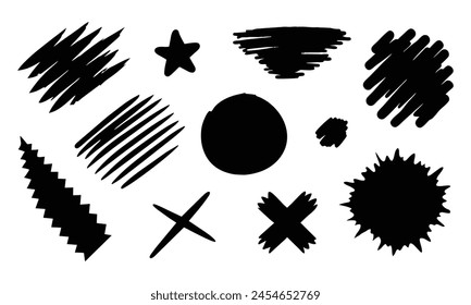 Grunge scrawls, charcoal scribbles, rough brush strokes, underlines strikethroughs. Bold charcoal freehand stripes and ink shapes. Vector illustration on white background.