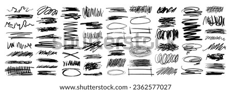 Grunge scrawls, charcoal scribbles, rough brush strokes, underlines and circles. Bold charcoal freehand stripes and ink shapes. Crayon or marker scribbles. Vector illustration