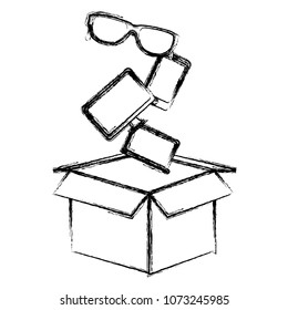grunge screen computer with smartphone and sunglass inside box