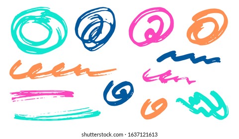 Grunge scribble doodle graphic design vector elements.  Cartoon marker traces. Paint brush strokes, round swirls, wavy lines. Scribble scratches, sketch doodle smears. Uneven freehand drawings.