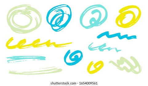Grunge elementos vectoriales de diseño gráfico de garabatos.  Rastreo de marcadores de dibujos animados. Trazos de pincel acrílico, giros redondos, líneas onduladas. Arañazos escarlatos, bocear manchas de doodle. Dibujos desiguales de mano libre.