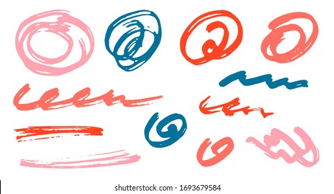Grunge elementos vectoriales de diseño gráfico de garabatos.  Rastreo de marcadores de dibujos animados. Pintura de pinceladas, giros circulares, líneas onduladas. Arañazos de escarcha, bocear manchas de doodle. Dibujos desiguales de mano libre.