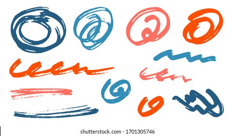 Grunge scribble doodle graphic design vector elements.  Cartoon marker traces. Acrylic brush strokes, round swirls, wavy lines. Scribble scratches, sketch doodle stains. Abstract freehand drawings.