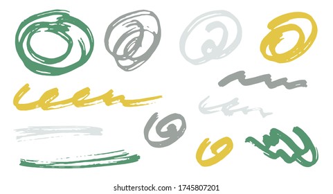 Grunge scribble doodle graphic design vector elements.  Cartoon marker traces. Acrylic brush strokes, round swirls, wavy lines. Scribble scratches, sketch doodle smudges. Graffiti freehand drawings.