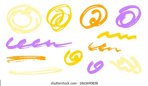 Grunge scribble doodle graphic design vector elements.  Draft marker traces. Ink brush strokes, round swirls, wavy lines. Scribble scratches, sketch doodle stains. Graffiti freehand drawings.