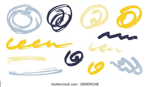 Grunge scribble doodle graphic design vector elements.  Isolated marker traces. Paint brush strokes, circular swirls, wave lines. Scribble scratches, sketch doodle smears. Uneven freehand drawings.