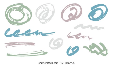 Grunge scribble doodle graphic design vector elements.  Draft marker traces. Paint brush strokes, circular swirls, wave lines. Scribble scratches, sketch doodle stains. Graffiti freehand drawings.