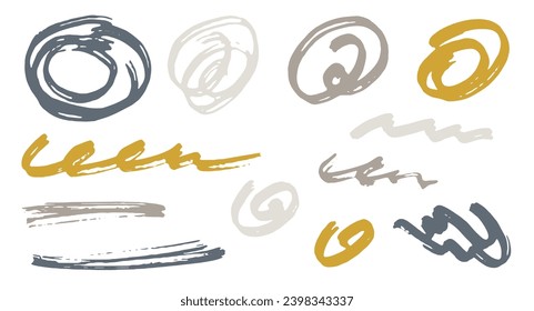 Grunge scribble doodle graphic design vector elements.  Isolated marker traces. Ink brush strokes, circular swirls, wave lines. Scribble scratches, sketch doodle daubs. Uneven freehand drawings.