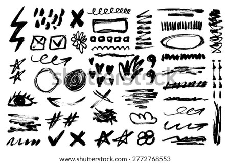 Grunge Scribble and Doodle Icon and Symbols Collection. Brush stroke scribble, text highlight and underline shapes. Vector illustration