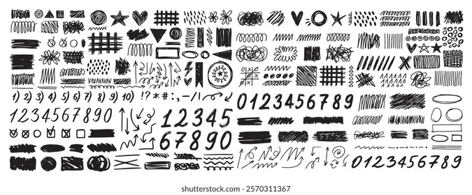 Grunge scribble freehand shapes and stripes numbers, emphasis hand drawn doodle squiggles marker arrows. Chalk painted scrawl frames doodle rouge scratches. . Vector illustration