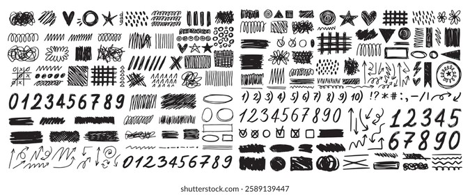 Grunge scribble freehand shapes and stripes numbers, emphasis hand drawn doodle squiggles marker arrows. Chalk painted scrawl frames doodle rouge scratches. . Vector illustration