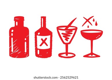 Grunge scribble, hatching alcohol glasses, scrawl red marker isolated flat vector illustration on white background