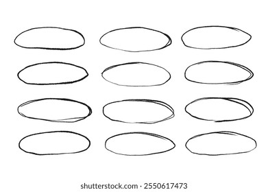 Pacote de quadros oval Grunge scribble. Conjunto de rastreamento de elipse à mão livre. Crayon mão desenhada realçar giz borda formas coleção. Sublinhar marca circular. Ilustração vetorial isolada sobre fundo branco.