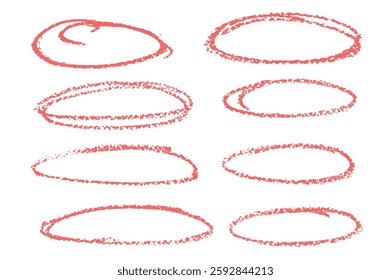 Grunge scribble oval frames pack. Freehand ellipse scrawl set. Crayon hand drawn highlight chalk border shapes collection. Underline circular red mark. Vector illustration on white background.