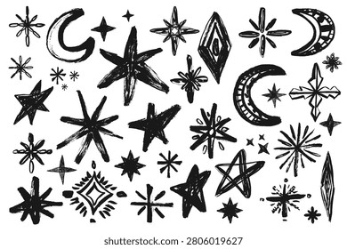 Grunge Scribble Stars and Moon Brushstroke Icons Set. Black crayon hand drawn doodle sparks. Sketch celestial symbols, vector illustration for colalge, sticker, laebl, scrapbook design.
