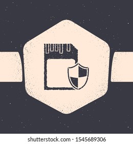 Grunge SD card and shield icon isolated on grey background. Memory card. Adapter icon. Security, safety, protection, privacy concept. Monochrome vintage drawing. Vector Illustration