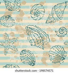 Grunge Sea Seamless pattern. Striped vintage background with contours shells. Vector pattern. 