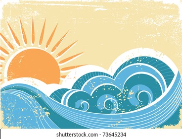 Grunge sea waves. Vintage vector illustration of sea landscape