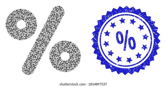 % grunge seal print and vector fractal mosaic percent. Blue seal contains % title inside rosette. Vector mosaic is organized from repeating rotated percent items.