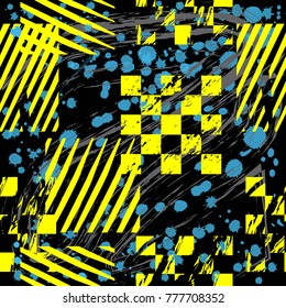 Grunge seamless abstract pattern.Urban,drive,modern creative wallpaper. Chaotic repeated design with lined squares,spray paint elements.Geometric backdrop with yellow elements