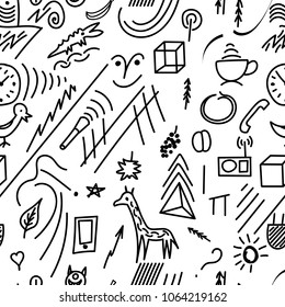 Grunge seamless background texture. Repeating pattern with lines, halftone, seamless, shapes, animals, icons