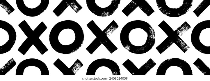 Grunge seamless banner design with crosses and circles. Seamless pattern with tic tac toe motif. Hand drawn vector illustration with black doodle geometric shapes. Typography print or wallpaper.