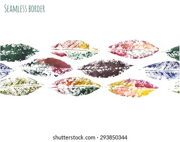 Grunge seamless border with multicolor prints of leaves. Vector illustration.