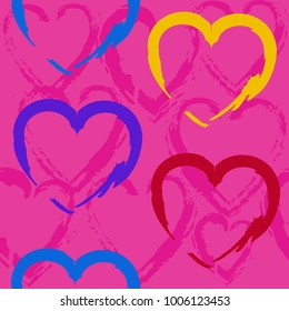 Grunge seamless bright cute pattern with hearts for girls,boys,sport items,clothes.Urban,modern creative wallpaper. Chaotic design with hearts spray paint elements.Geometric backdrop