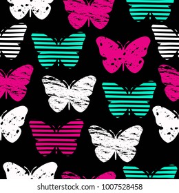 Grunge seamless bright cute pattern with colored butterflies for girls,boys,sport items,clothes.Urban,modern creative wallpaper. Chaotic design with butterfly spray paint elements.Geometric backdrop