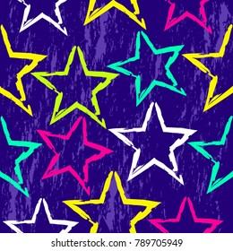 Grunge seamless bright cute pattern with stars for girls,boys,sport items,clothes.Urban,modern creative wallpaper. Chaotic repeated design with colorful stars,spray paint elements.Geometric backdrop