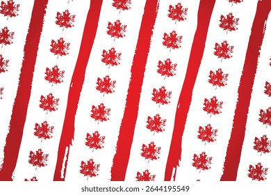 Grunge Seamless Canada Day Pattern with Red Maple Leaves and Brush Strokes, Distressed Patriotic Background Design