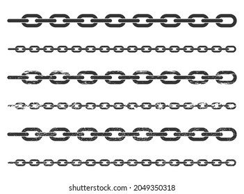 Grunge Seamless chain link pattern shape. Metal, steel, iron chains silhouette border texture. Industrial symbol sign. Vector illustration image. Isolated on white background.