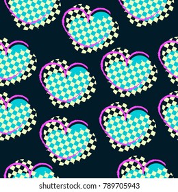 Grunge seamless cute pattern with abstract painted hearts for girls,boys,sport items,clothes.Urban,modern creative wallpaper.Chaotic repeated vintage design ,spray paint elements.Geometric backdrop