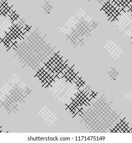 Grunge Seamless Grid. Abstract Pattern. Modern Hand Drawn Texture with Scratched Crossing Lines. Black and White Vector Pattern for Dress, Curtain, Tablecloth. Abstract Seamless Pattern.