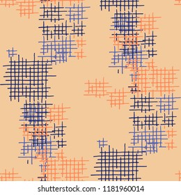 Grunge Seamless Grid. Abstract Pattern. Retro Hand Drawn Texture with Shabby Crossing Lines. Colorful Vector Pattern for Chintz, Linen, Paper. Abstract Seamless Pattern.