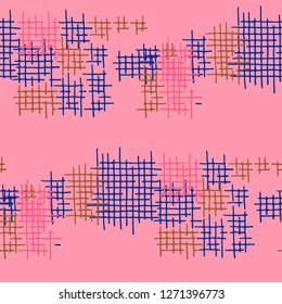 Grunge Seamless Grid. Abstract Pattern. Retro Hand Drawn Texture with Scribble Crossing Lines. Colorful Vector Pattern for Linen, Paper, Tablecloth. Abstract Seamless Pattern.