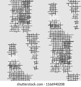 Grunge Seamless Lattice. Abstract Pattern. Retro Hand Drawn Texture with Scratched Crossing Lines. Black and White Vector Pattern for Wallpaper, Print, Cotton. Abstract Seamless Pattern.