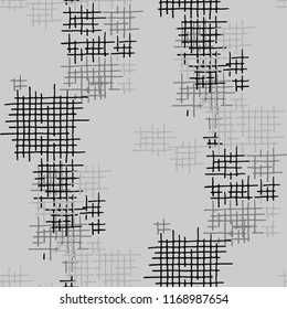 Grunge Seamless Lattice. Abstract Pattern. Trendy Hand Drawn Texture with Scribble Crossing Lines. Black and White Vector Pattern for Cotton, Print, Calico. Abstract Seamless Pattern.
