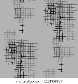 Grunge Seamless Lattice. Abstract Pattern. Trendy Hand Drawn Texture with Shabby Crossing Lines. Black and White Vector Pattern for Linen, Paper, Tablecloth. Abstract Seamless Pattern.