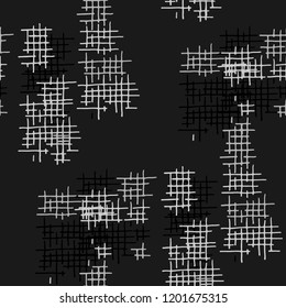 Grunge Seamless Lattice. Abstract Pattern. Modern Hand Drawn Texture with Shabby Crossing Lines. Black and White Vector Pattern for Chintz, Linen, Wallpaper. Abstract Seamless Pattern.
