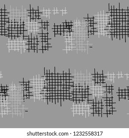 Grunge Seamless Lattice. Abstract Pattern. Retro Hand Drawn Texture with Scribble Crossing Lines. Black and White Vector Pattern for Calico, Print, Textile. Abstract Seamless Pattern.