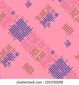 Grunge Seamless Lattice. Abstract Pattern. Modern Hand Drawn Texture with Scribble Crossing Lines. Colorful Vector Pattern for Print, Fabric, Textile. Abstract Seamless Pattern.