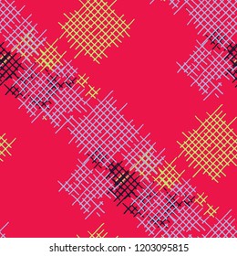 Grunge Seamless Mesh. Abstract Pattern. Vintage Hand Drawn Texture with Scratched Crossing Lines. Colorful Vector Pattern for Linen, Paper, Tablecloth. Abstract Seamless Pattern.