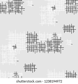 Grunge Seamless Mesh. Abstract Pattern. Retro Hand Drawn Texture with Scratched Crossing Lines. Black and White Vector Pattern for Cotton, Print, Calico. Abstract Seamless Pattern.