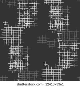 Grunge Seamless Mesh. Abstract Pattern. Trendy Hand Drawn Texture with Scribble Crossing Lines. Black and White Vector Pattern for Cotton, Print, Textile. Abstract Seamless Pattern.